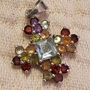 Sterling Silver Multi Color Gemstones Signed Cross Pendant